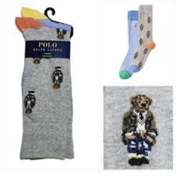 2‎ Pairs GENUINE POLO RALPH LAUREN Bear & Grey SOCKS & Blue Multi Sock Cotton XL - Picture 1 of 5